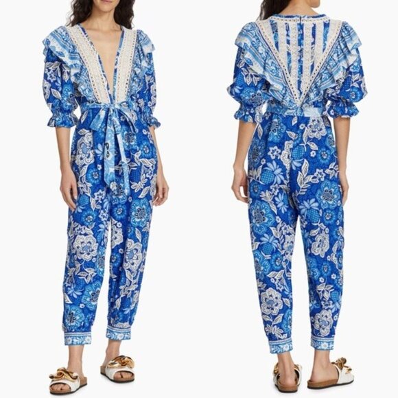 Farm Rio Full of Flowers Linen Ruffle Jumpsuit S Floral Lace Belted Vneck - Picture 3 of 13